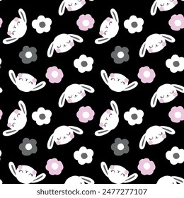 monochrome pattern design with cute bunny head and flower drawing