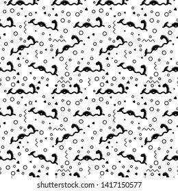 Monochrome pattern with dino. Print for fabric, clothing, card design. Seamless tile for wall decor. Black Dinosaur on a transparent background. Geometric abstraction. For children. Graphic tile