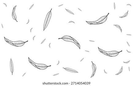 A monochrome pattern features numerous hand-drawn outline leaves of varying sizes scattered across a clean white background, creating a natural and organic design.