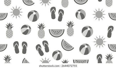 A monochrome pattern featuring pineapples, watermelon slices, suns, beach balls and flip flops, arranged in a playful summer themed design.