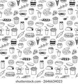 A monochrome pattern featuring various food items like burgers, fries, ice cream, and snacks.