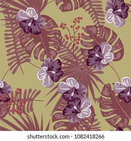 Monochrome pattern with flamingos and tropical plants. Flamingo leaves monstera and flowers of hibiscus.