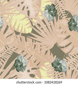 Monochrome pattern with flamingos and tropical plants. Flamingo leaves monstera and flowers of hibiscus.