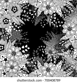 Monochrome pattern with floral motifs. Texture with flowers, leaves and berries. Natural background in doodle style. Vector 3d illustration. Abstract ornate art