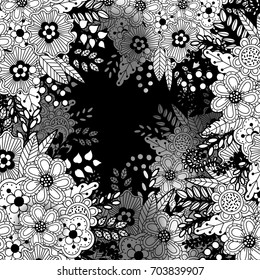 Monochrome pattern with floral motifs. Texture with flowers, leaves and berries. Natural background in doodle style. Vector 3d illustration. Abstract ornate art