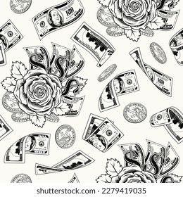 Monochrome pattern with flying, falling dollar banknotes, coins, rose made of 100 US dollar bills, dollar sign. Vintage illustration for prints, clothing, surface design White background