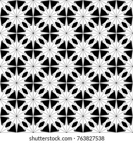 Monochrome pattern, grid, star, snowflake, seamless vector background.