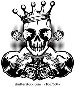 Monochrome pattern with guitar, skull, crown for concert advertisement. The vector illustration