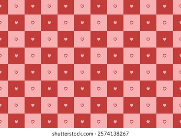 Monochrome pattern with hearts on a checkered background. Modern retro illustration for decoration. Heart pattern.