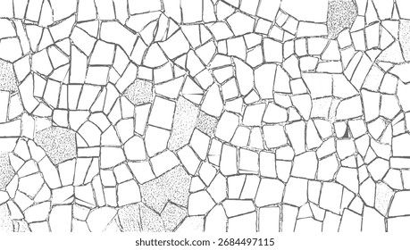 Patrón monocromático de piedras de forma irregular con texturas ásperas y contornos oscuros.