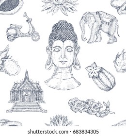 Monochrome pattern with isolated hand drawn thailand decorative icons and traditional culture symbols food and fauna vector illustration