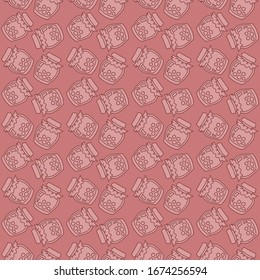 The monochrome pattern with jam jars. Seamless ornament of doodle jam jars on a dark background. Vector 8 EPS.