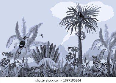 Patrón monocromo con animales de la selva, flores y árboles. Vector