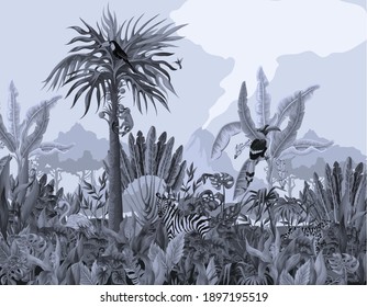 Monochrome pattern with jungle animals, flowers and trees. Vector