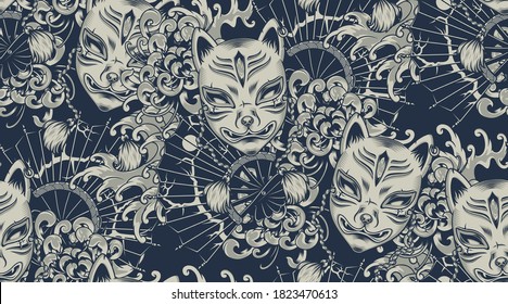 Monochrome pattern with a Kitsune mask on the Japanese theme. All colors are in a separate group. Ideal for printing onto fabric and decoration