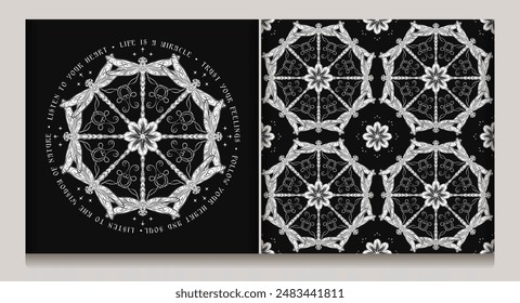 Patrón monocromo, etiqueta con adorno circular como mandala con flor de manzanilla en el centro, libélula de fantasía con antenas rizadas. Texto inspirador. Fondo negro estilo Art Nouveau.