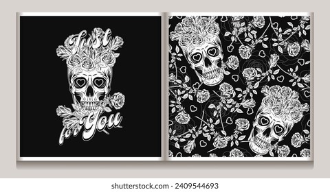 Monochrome pattern, label with skull like cup full of roses, scattered roses with stem. Gothic love illustration. For clothing, t shirt design, engagement event, Valentines Day, gift decoration.