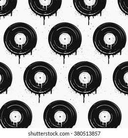 Monochrome Pattern with Melted vinyl records with drops. Template for cafe, cover, t-shirt, poster, background or your art works.