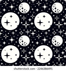 Monochrome pattern with moon and stars in 50s style . Vector illustration