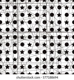 Monochrome pattern, mosaic, polka, star, seamless vector background.