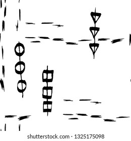 Monochrome pattern with paint strokes, grange, inks, shapes elements. Vector hand drawn textures. Seamless abstract background. 