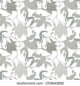 Monochrome pattern for a seamless ornament, printing on fabrics or on paper. Gray magnolias.