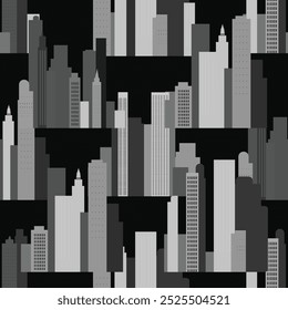 A monochrome pattern showcasing a city with buildings, rectangles all arranged in a seamless design. The black and white tones. Flat style vector