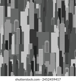 Ein monochromes Muster, das eine Stadt-Skyline mit Gebäuden zeigt, Rechtecke, die alle in einem nahtlosen Design angeordnet sind. Die Grautöne sorgen für einen modernen und eleganten Look