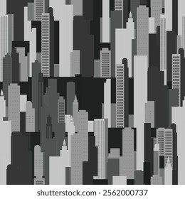 A monochrome pattern showcasing a city skyline with buildings, rectangles all arranged in a seamless design. The grey tones create a modern and sleek look