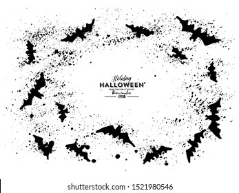 Monochrome pattern with soaring bats on a white background for decoration on Halloween. Happy Halloween flying grunge ink hand-drawn bats.  