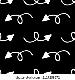 Monochrome pattern of spiral arrow. A seamless pattern of hand-drawn doodle-style arrows with a curved loop of white outline often horizontally stripes on black for a design template.