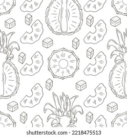 Monochrome pattern with tropical fruits. Illustration in hand draw style. Pineapple. Can be used for fabric, packaging, wrapping paper and etc