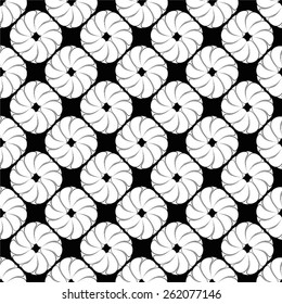 Monochrome pattern of twisted rounded elements, seamless vector background.