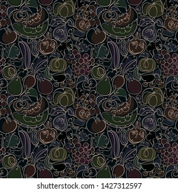 monochrome pattern of useful food, vegetables, fruits, berries. seamless vector pattern
