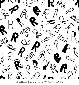 A monochrome pattern with a variety of letters R scattered in different orientations, creating an abstract and artistic backdrop that can be used for various design projects or as a wallpaper.
