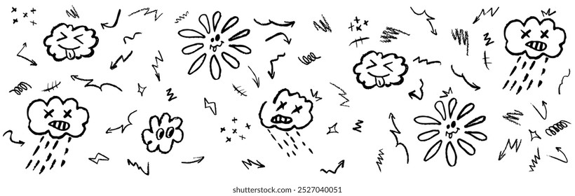 Monochrome pattern with wax crayon drawing rainy cloud, stick out tongue cloud and funny flower and sun. Children drawing squiggle, arrows, stars. Abstract background with doodle grunge elements