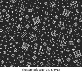 Monochrome pattern for wrapping paper for Christmas. Hipster style in a thin line. Print fabric or postcards, invitations.