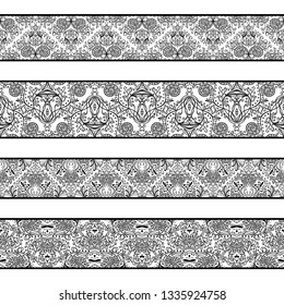 Monochrome patterns with a free hand.Horizontal zentangle ornament. Seamless vector set on a light white background.Stencils and textile elements for interior design.Border template repeating divider.
