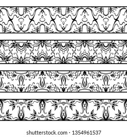 Monochrome patterns with a free hand.Horizontal zentangle ornament. Seamless vector set on a light white background.Stencils and textile elements for interior design.Border template repeating divider.