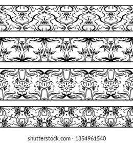 Monochrome patterns with a free hand.Horizontal zentangle ornament. Seamless vector set on a light white background.Stencils and textile elements for interior design.Border template repeating divider.