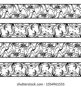 Monochrome patterns with a free hand.Horizontal zentangle ornament. Seamless vector set on a light white background.Stencils and textile elements for interior design.Border template repeating divider.