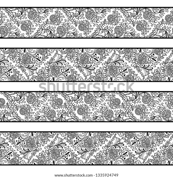Monochrome patterns with a free hand.Horizontal\
zentangle ornament. Seamless vector set on a light white\
background.Stencils and textile elements for interior design.Border\
template repeating\
divider.