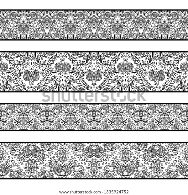 Monochrome patterns with a free hand.Horizontal\
zentangle ornament. Seamless vector set on a light white\
background.Stencils and textile elements for interior design.Border\
template repeating\
divider.