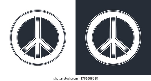 Monochrome peace symbol in round print vector icon. Vintage style isolated vector illustration.