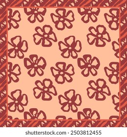 Monochrome peach and red color brush strokes inky flowers scarf or bandana design. Abstract floral contemporary background.