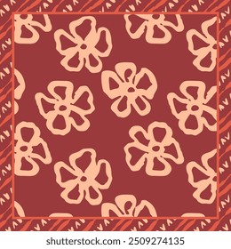 Monochrome peach and red color brush strokes inky flowers scarf or bandana design. Abstract floral contemporary background.