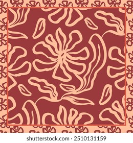 Monochrome peach and red color brush strokes inky flowers scarf or bandana design. Abstract floral contemporary background.