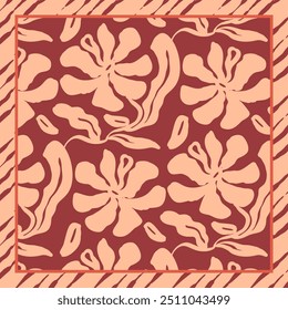 Monochrome peach and red color brush strokes inky flowers scarf or bandana design. Abstract floral contemporary background.