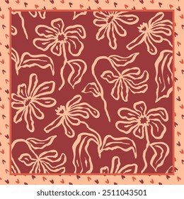 Monochrome peach and red color brush strokes inky flowers scarf or bandana design. Abstract floral contemporary background.