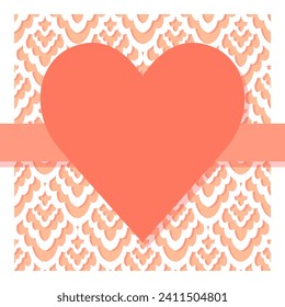 monochrome peach and white flat geometric heart shape with a ribbon on delicate lace damask textured background romantic lovely vector square card poster centerpiece illustration 